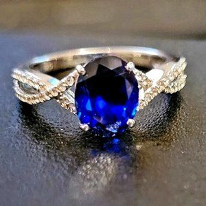 Blue & White Sapphire Ring Sterling Silver Size 7